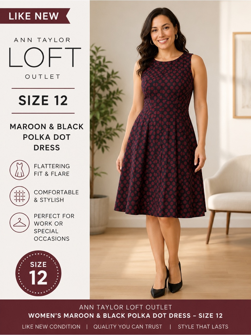LOFT Maroon & Black Polka Dot Sleeveless Fit-and-Flare Dress